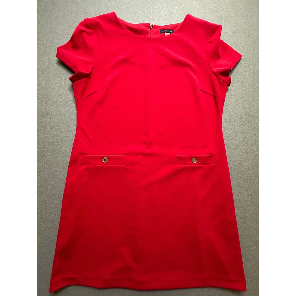 Tommy Hilfiger Womens Red Short Sleeve Shift Dress Gold Button Detail Size 16-40